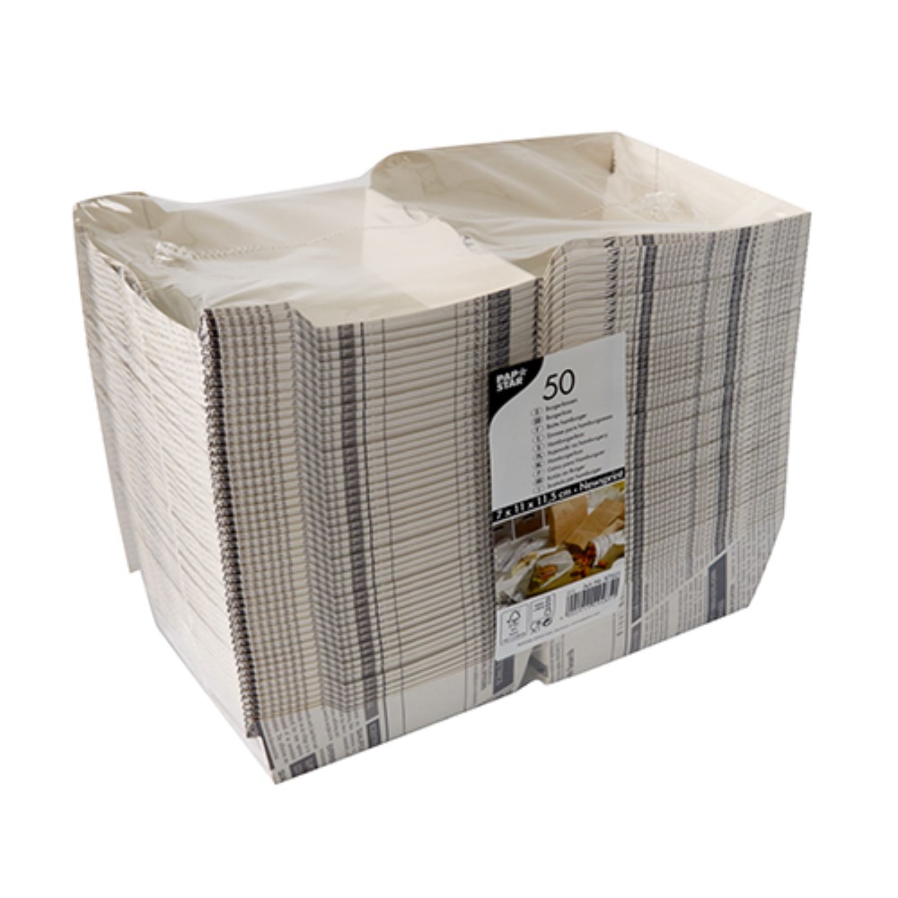 50 Burgerboxen, Pappe 7,8 cm x 11 cm x 11,5 cm "Newsprint" groß