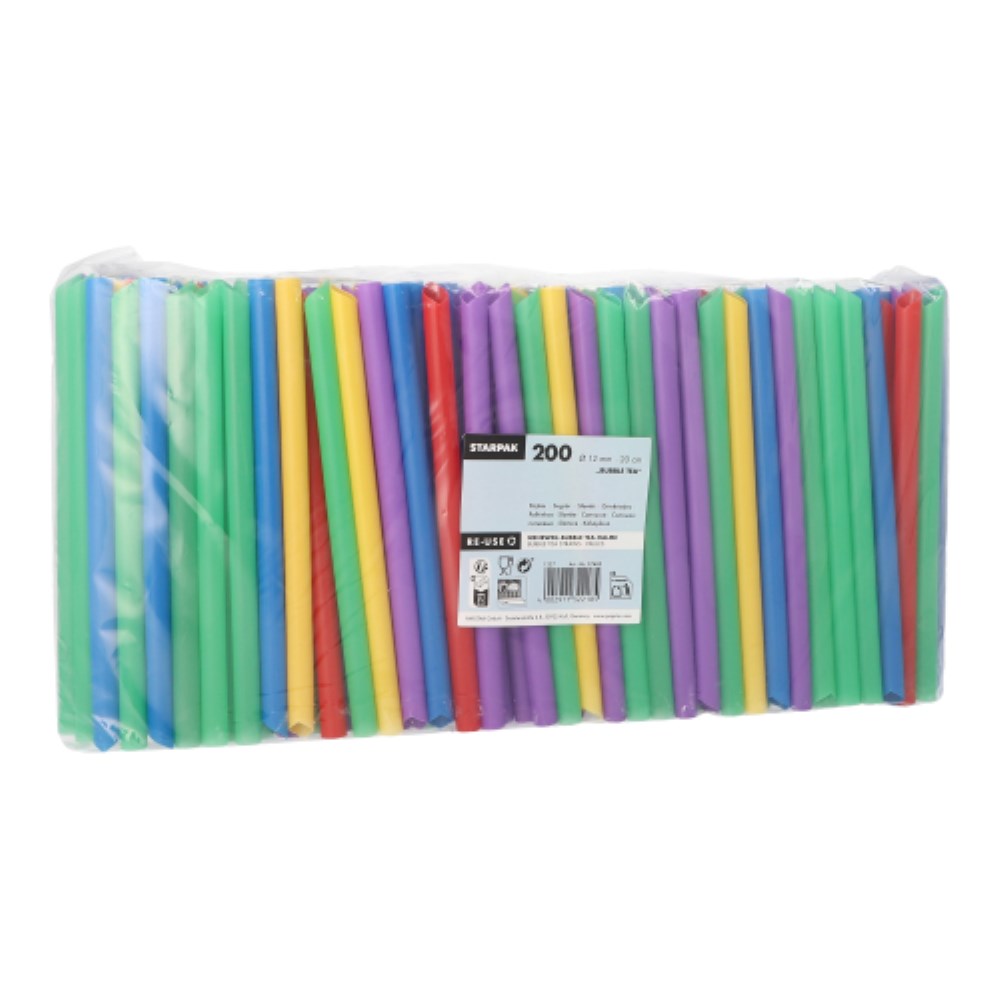 200 Mehrweg-Bubble Tea Halme PP Ø 12 mm · 20 cm farbig sortiert einseitig spitz
