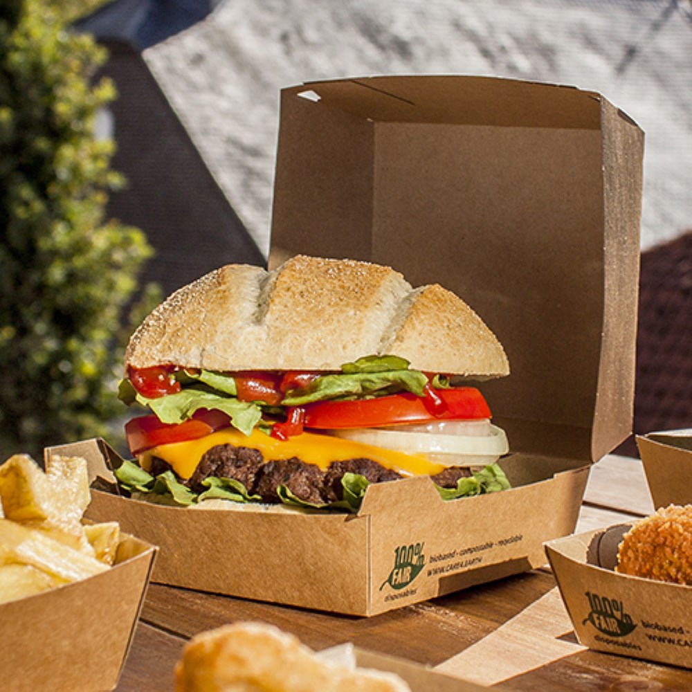 25 Burgerboxen, Pappe 8,5 cm x 15,5 cm x 15,5 cm braun "100% Fair" extra groß