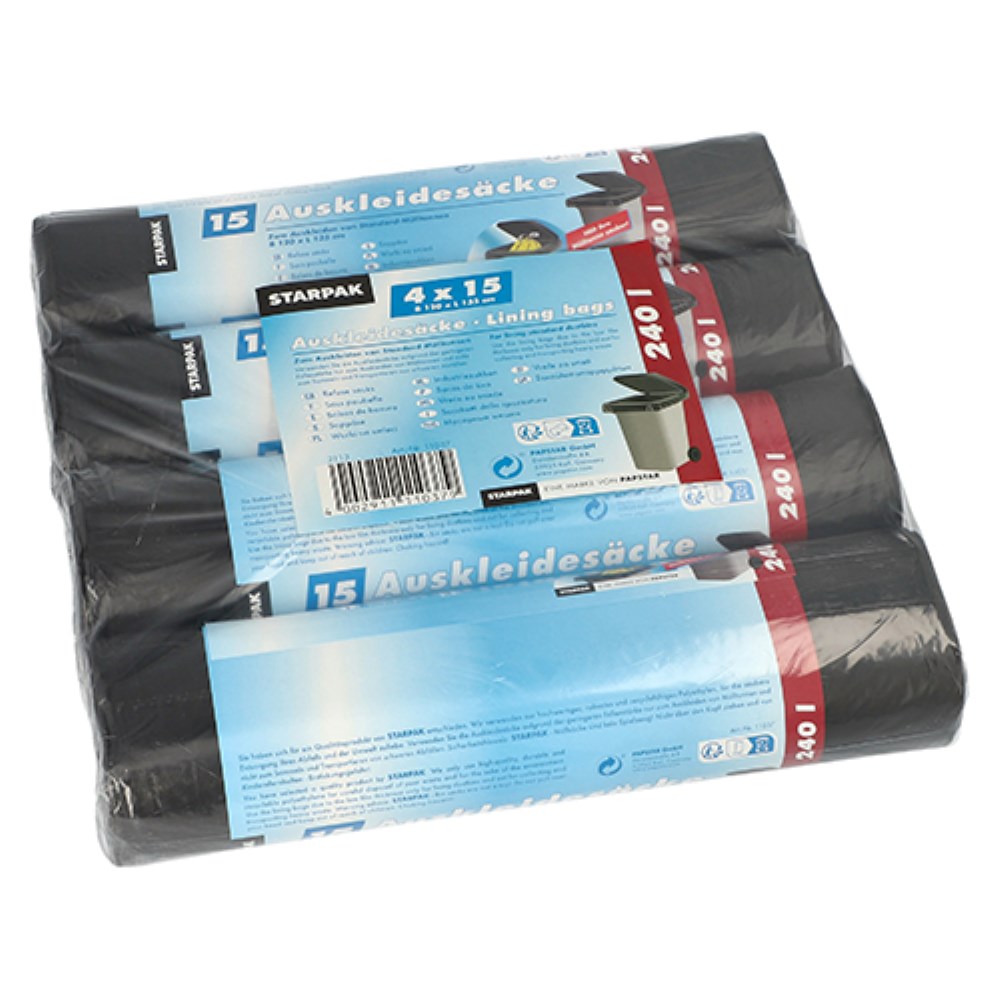 60 Auskleidesäcke für Mülltonnen 240 l 135 cm x 120 cm schwarz 16 my