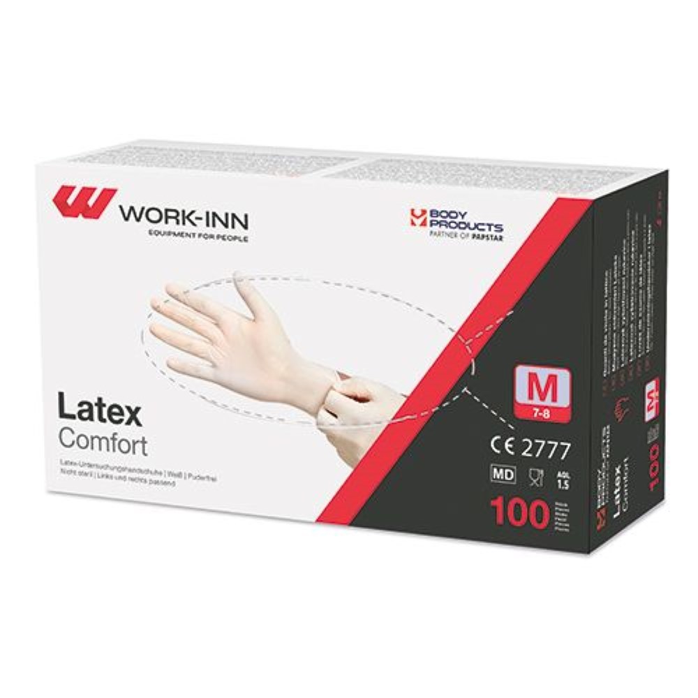 100 "WORK-INN" Handschuhe, Latex puderfrei "Comfort" weiss - natur Größe: M