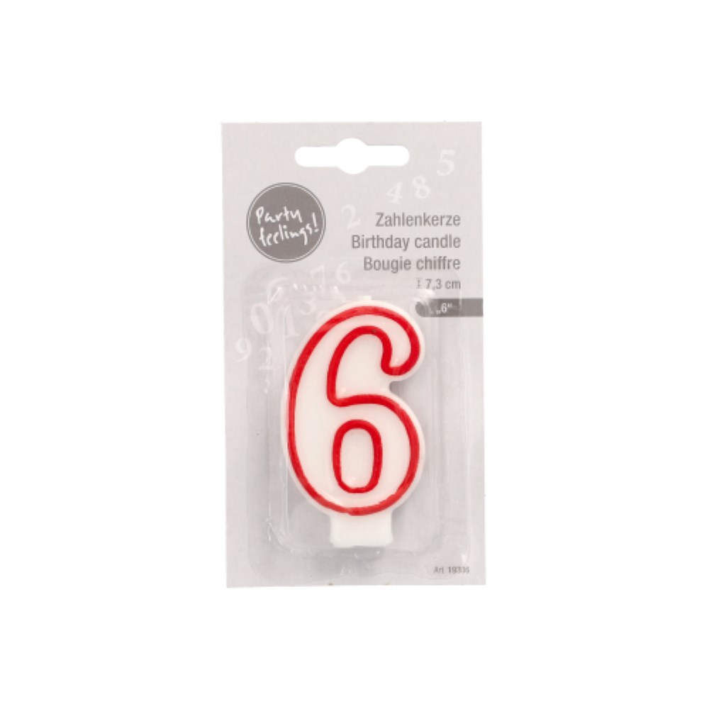 Zahlenkerze 7,3 cm weiss "6" mit rotem Rand
