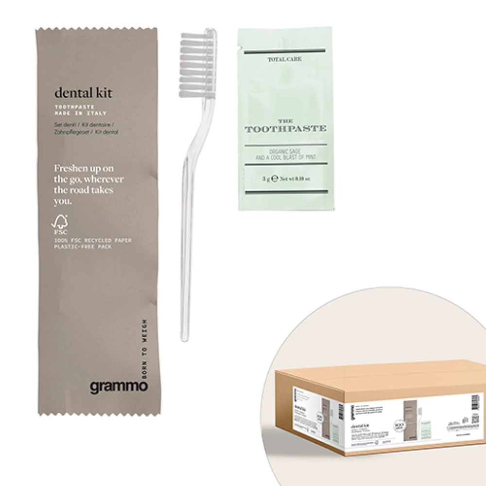 100 Zahnpflege-Sets inkl. Zahnpaste "grammo" 20 cm x 5,5 cm x 0,5 cm im Flow Pack