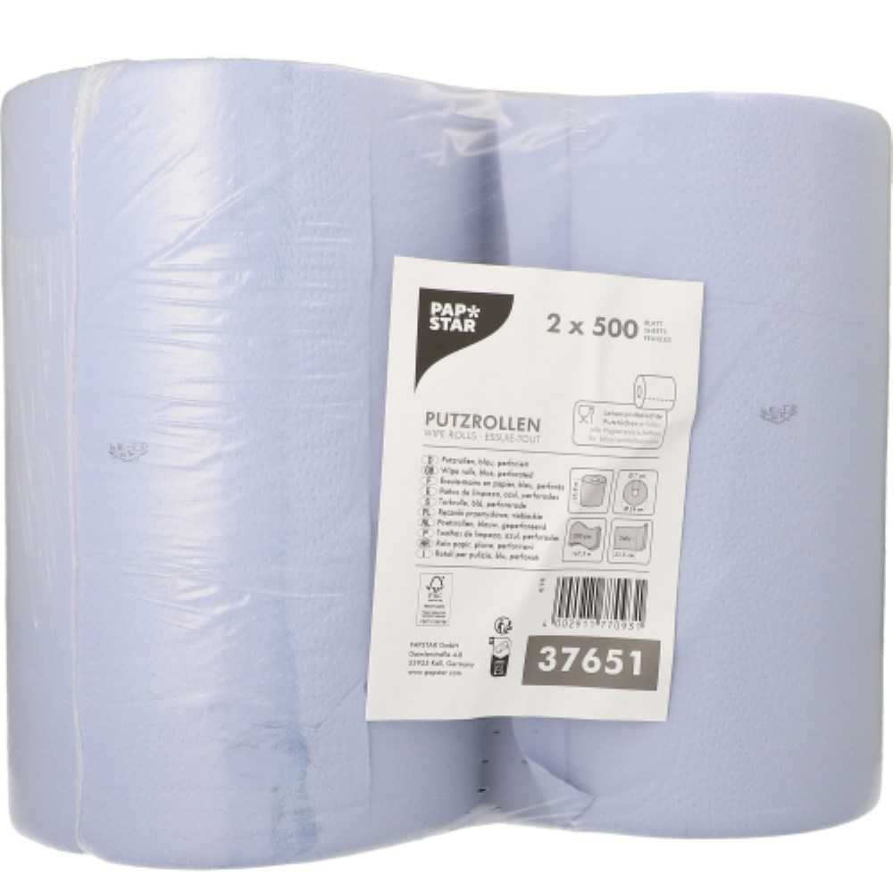2 Putzrollen, 3-lagig Ø 24 cm · 167,5 m x 35,8 cm blau perforiert, 500 Abrisse, Blatt 35,8 x 33,5cm