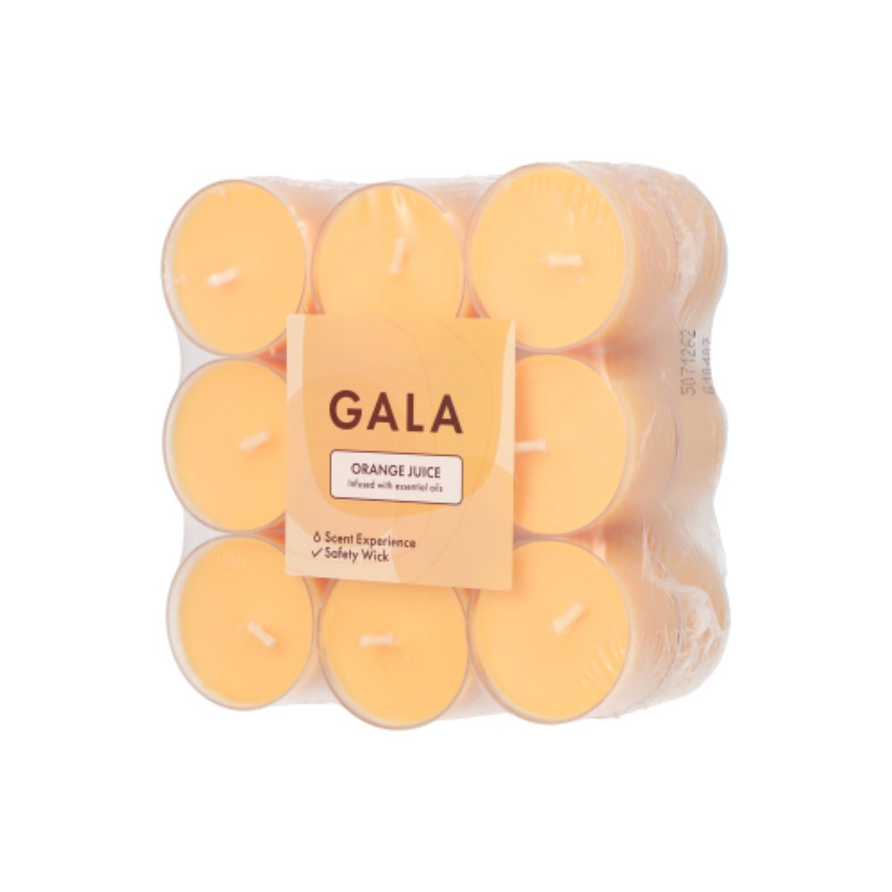 18 "GALA" Duftlichte Ø 38 mm · 24 mm orange - Orange Juice in Polycarbonathülle