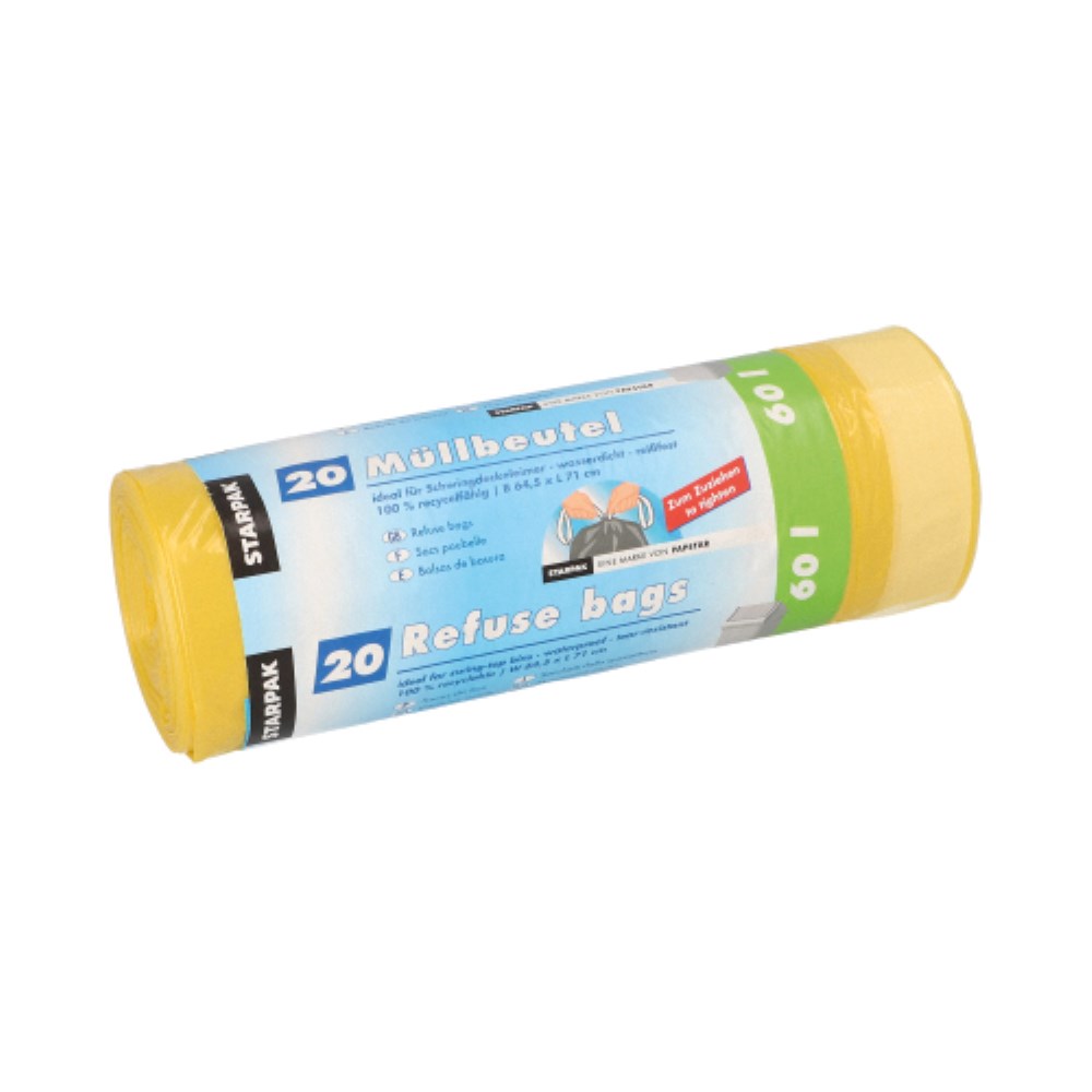 20 Müllbeutel mit Zugband, LDPE 60 l 71 cm x 64,5 cm gelb 20 my