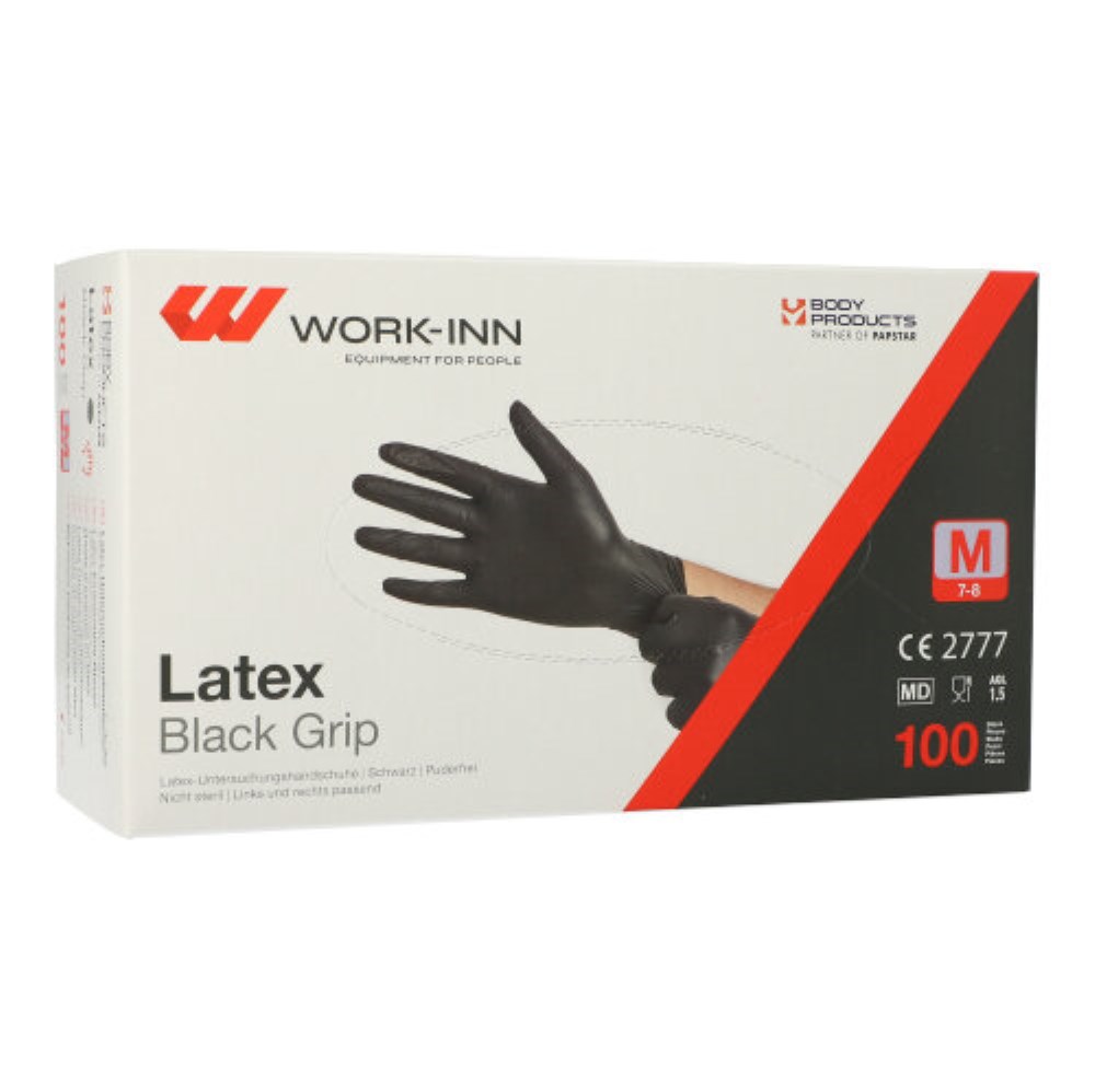 100 "WORK-INN/PS" Handschuhe, Latex puderfrei "Black Grip" schwarz Größe: M