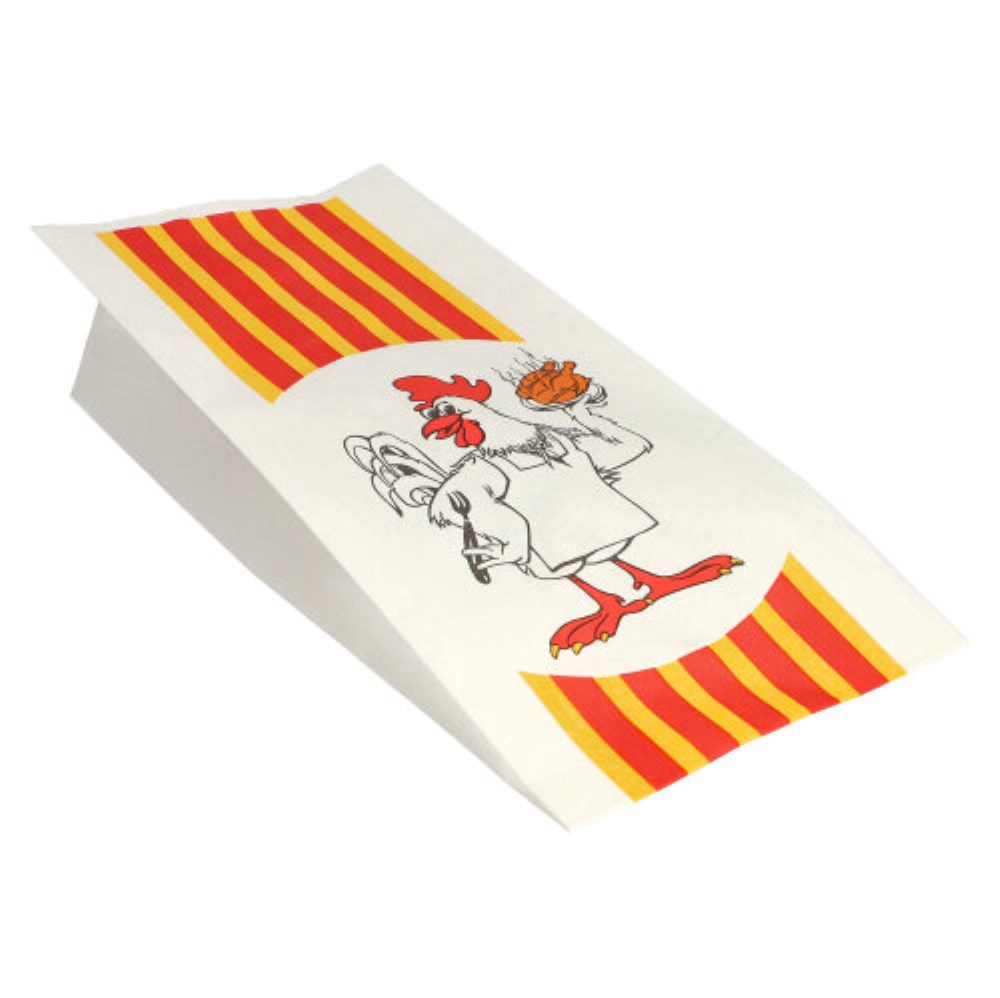 100 Hähnchenbeutel, Papier mit HDPE-Einlage 28 cm x 13 cm x 8 cm "Grillhähnchen" 1/1