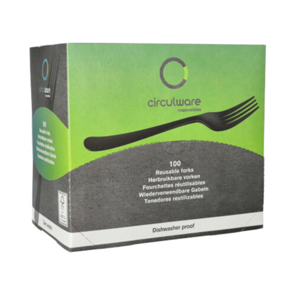 100 "Circulware" Mehrweg-Gabeln PP-MF 19 cm schwarz "Gaia" extra stabil, in Spenderbox