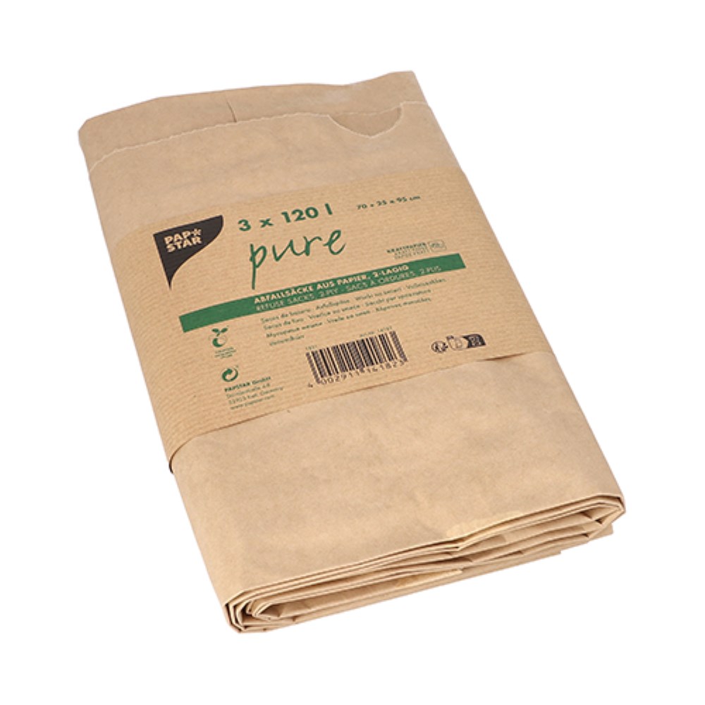 3 Abfallsäcke aus Papier "pure" 120 l 93 cm x 45 cm x 21 cm braun , 2-lagig