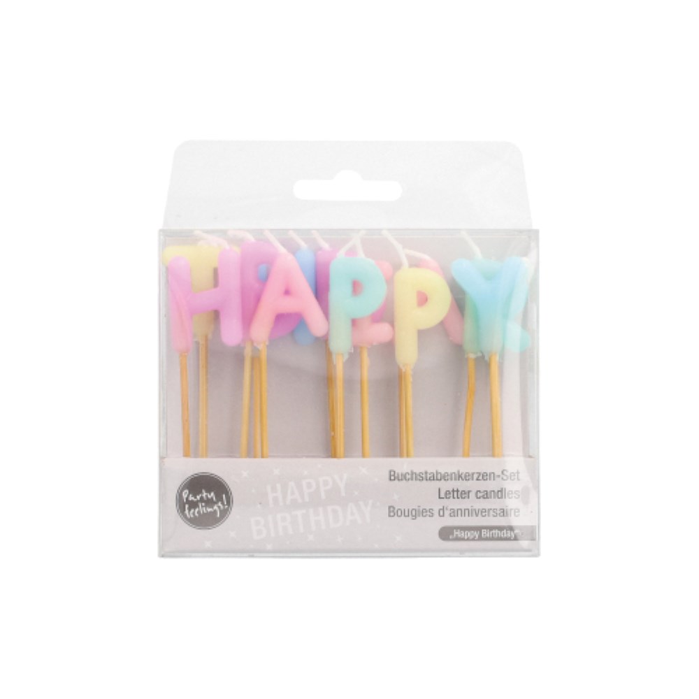 Buchstabenkerzen-Set pastell 8 cm "Happy Birthday"
