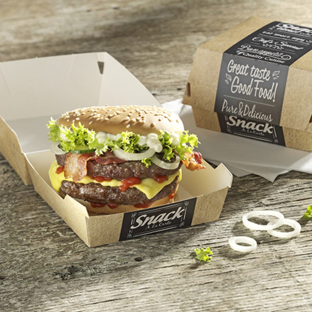 50 Burgerboxen, Pappe "pure" 7 cm x 9 cm x 9 cm "Good Food" klein