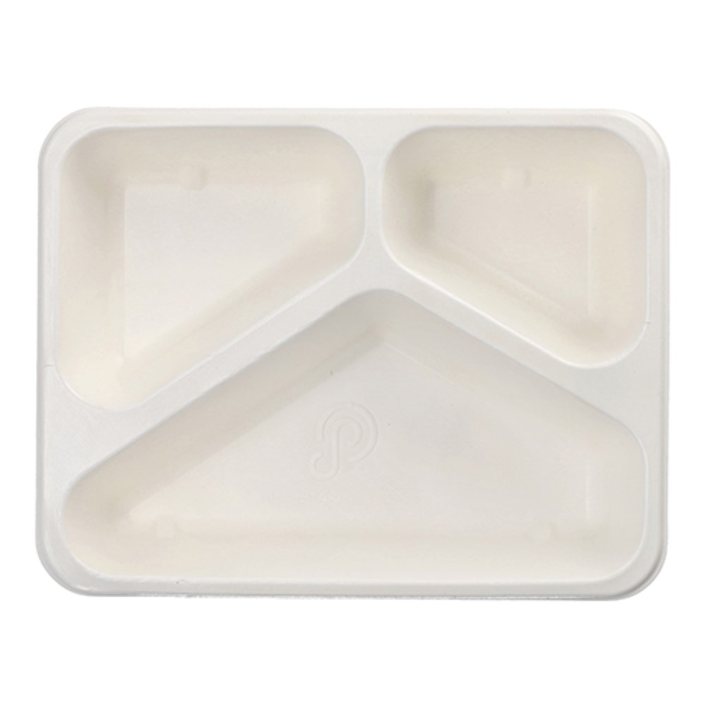 50 Siegelschalen Zuckerrohr 3-geteilt 1000 ml 4,9 cm x 22,7 cm x 17,8 cm weiss
