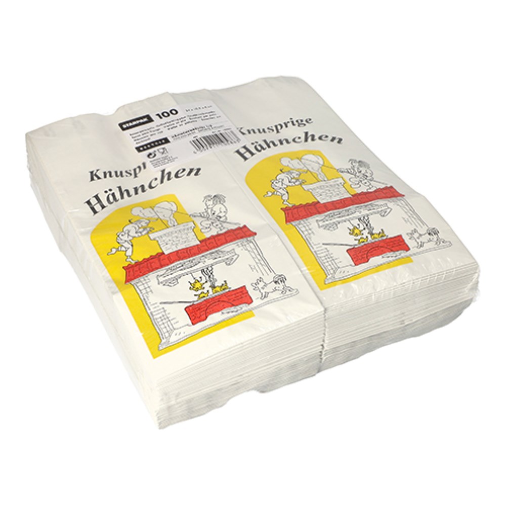 100 Hähnchenbeutel, Papier mit Alu-Einlage 24 cm x 10,5 cm x 6 cm "Max & Moritz" 1/2