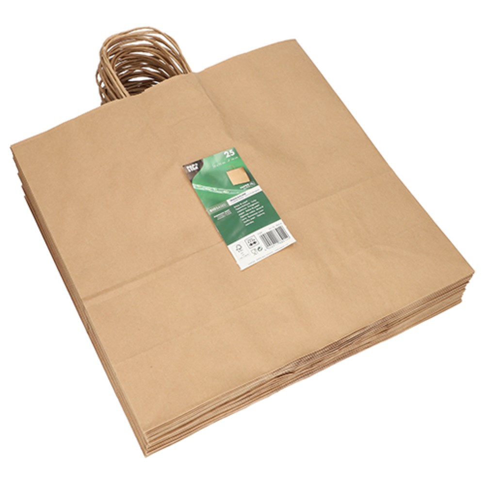 25 Tragetaschen, Papier 35 cm x 35 cm x 14 cm braun mit gedrehtem Tragegriff