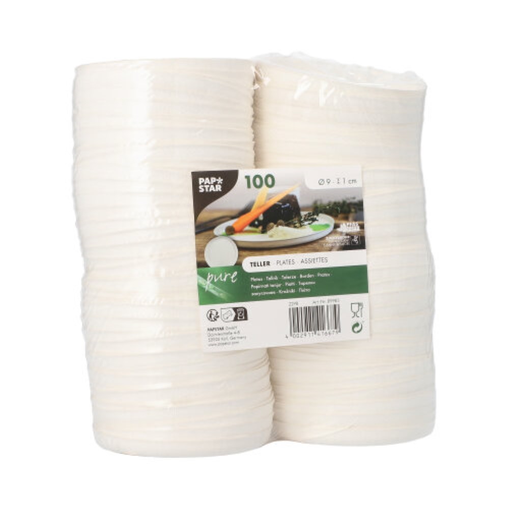 100 Teller Zuckerrohr "pure" rund Ø 9 cm · 1 cm weiss "Cella"