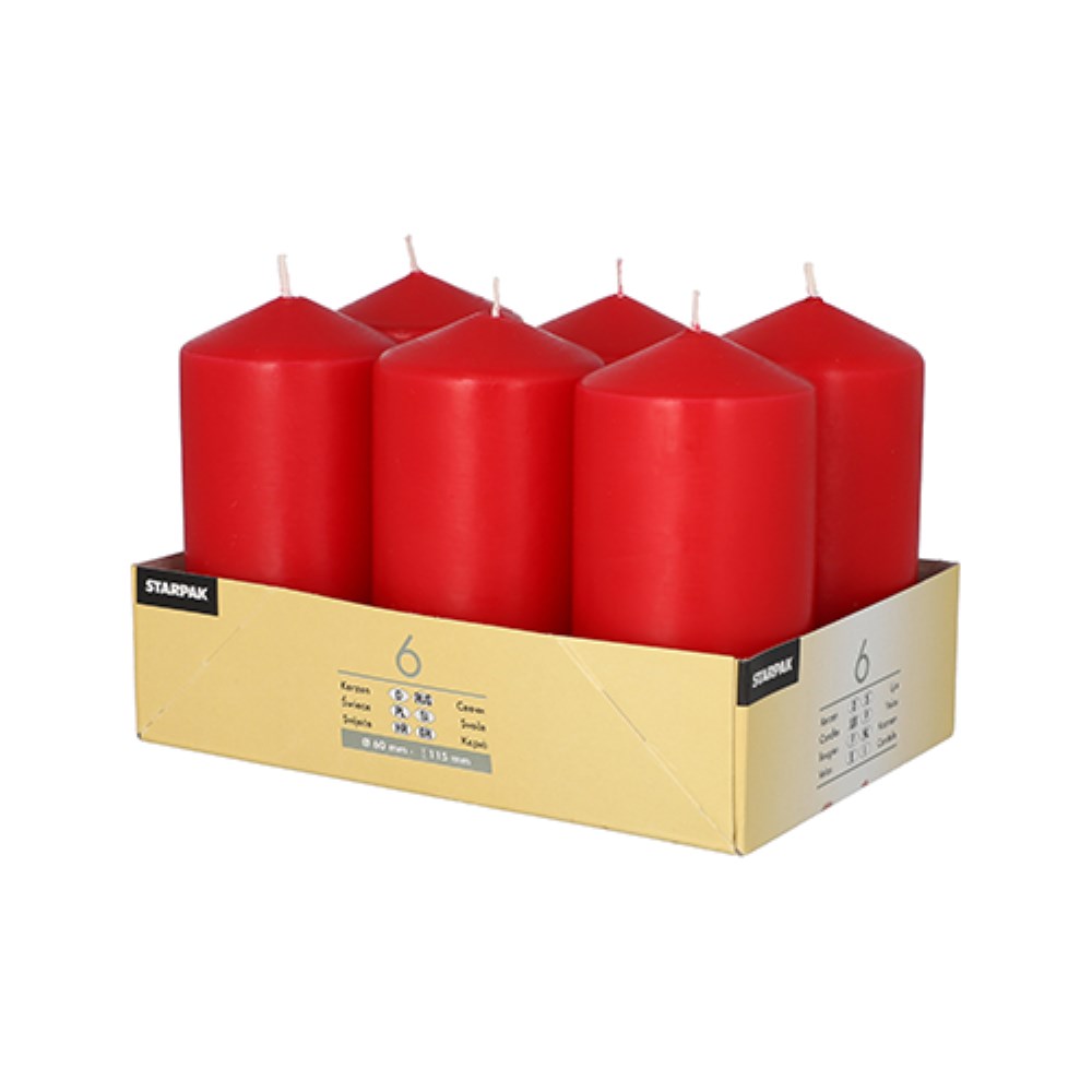 6 Stumpenkerzen Ø 60 mm · 115 mm rot