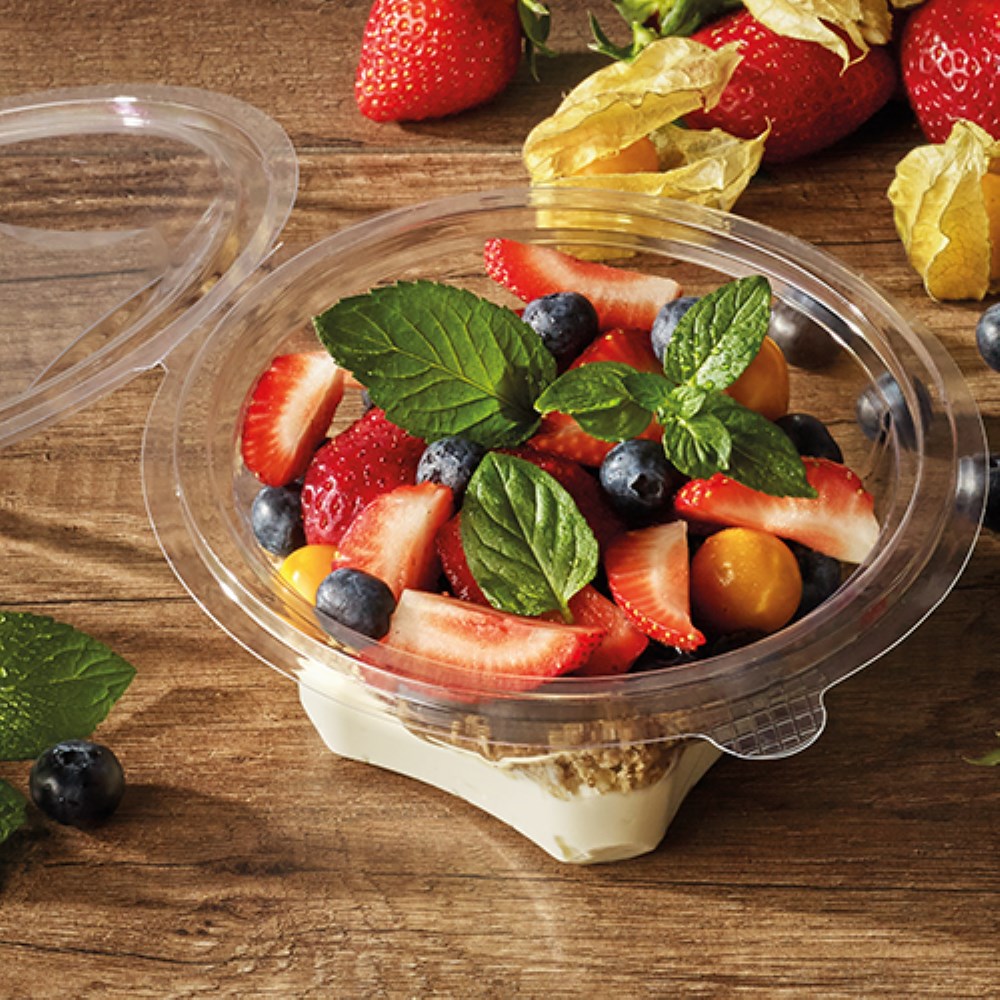 50 Feinkost- und Salatschalen mit Klappdeckel, R-PET rund 1000 ml Ø 18,5 cm · 7,8 cm glasklar