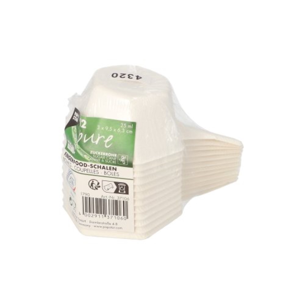 12 Fingerfood - Schalen Zuckerrohr "pure" 25 ml 3 cm x 9,5 cm x 6,3 cm weiss "Hexagon"