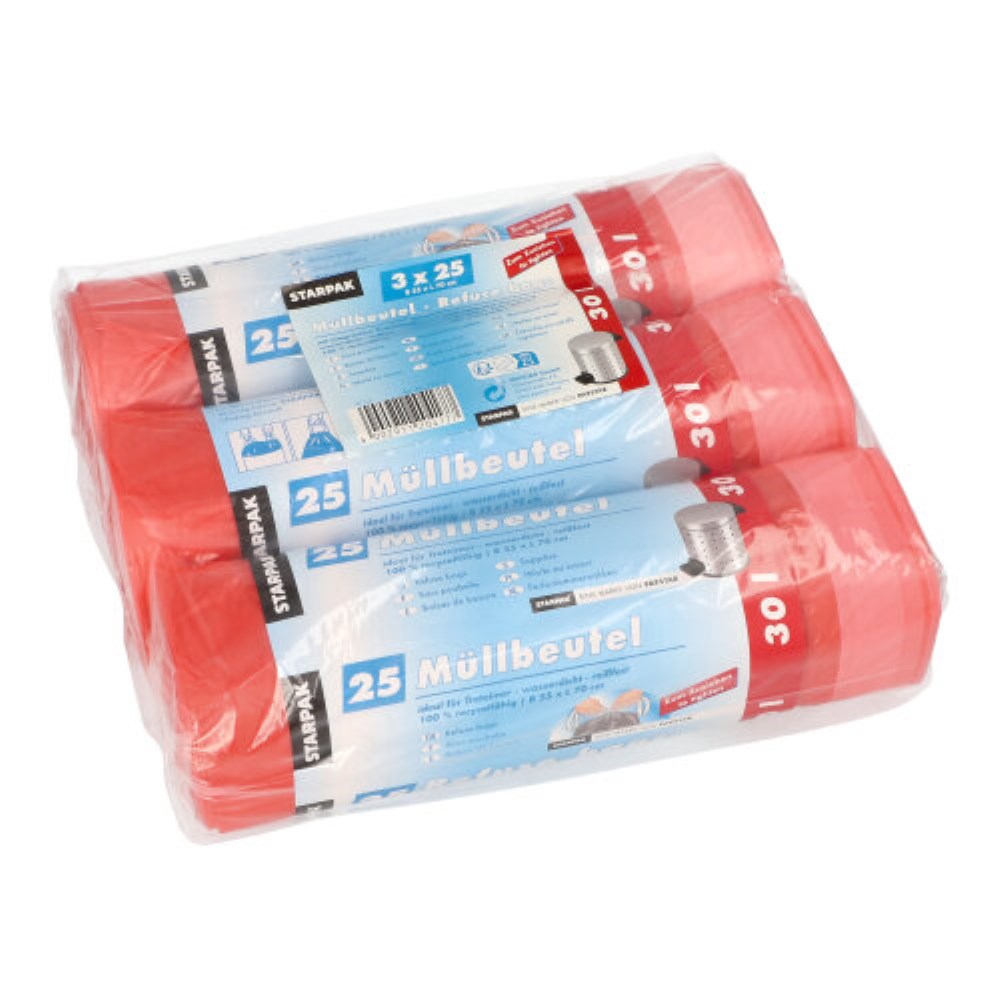 75 Müllbeutel mit Zugband, HDPE 30 l 70 cm x 55 cm rot 17 my