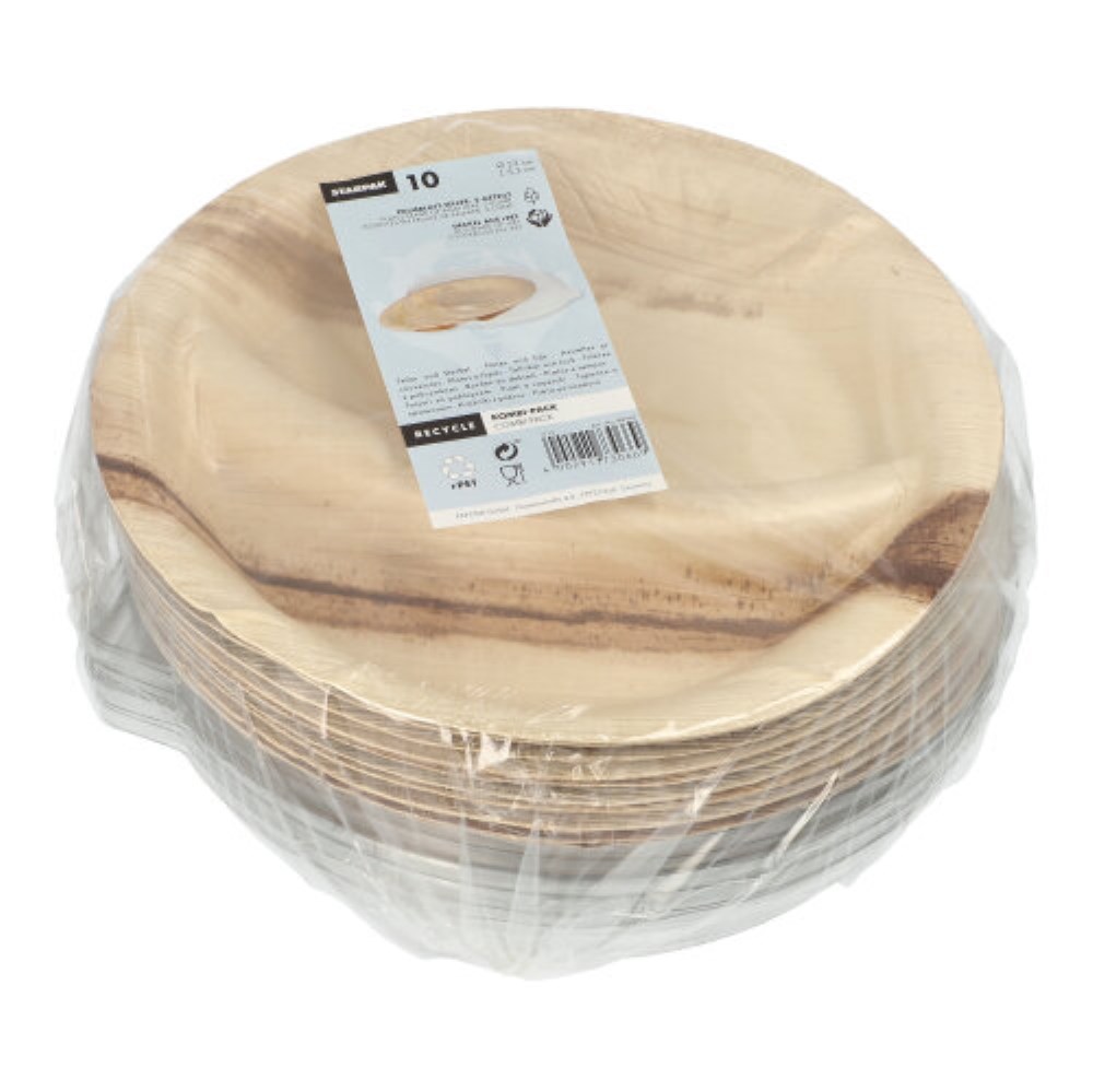 10 Teller, Palmblatt 2-geteilt 300 ml Ø 23 cm · 5,3 cm mit rPET Deckel "Kombipack"