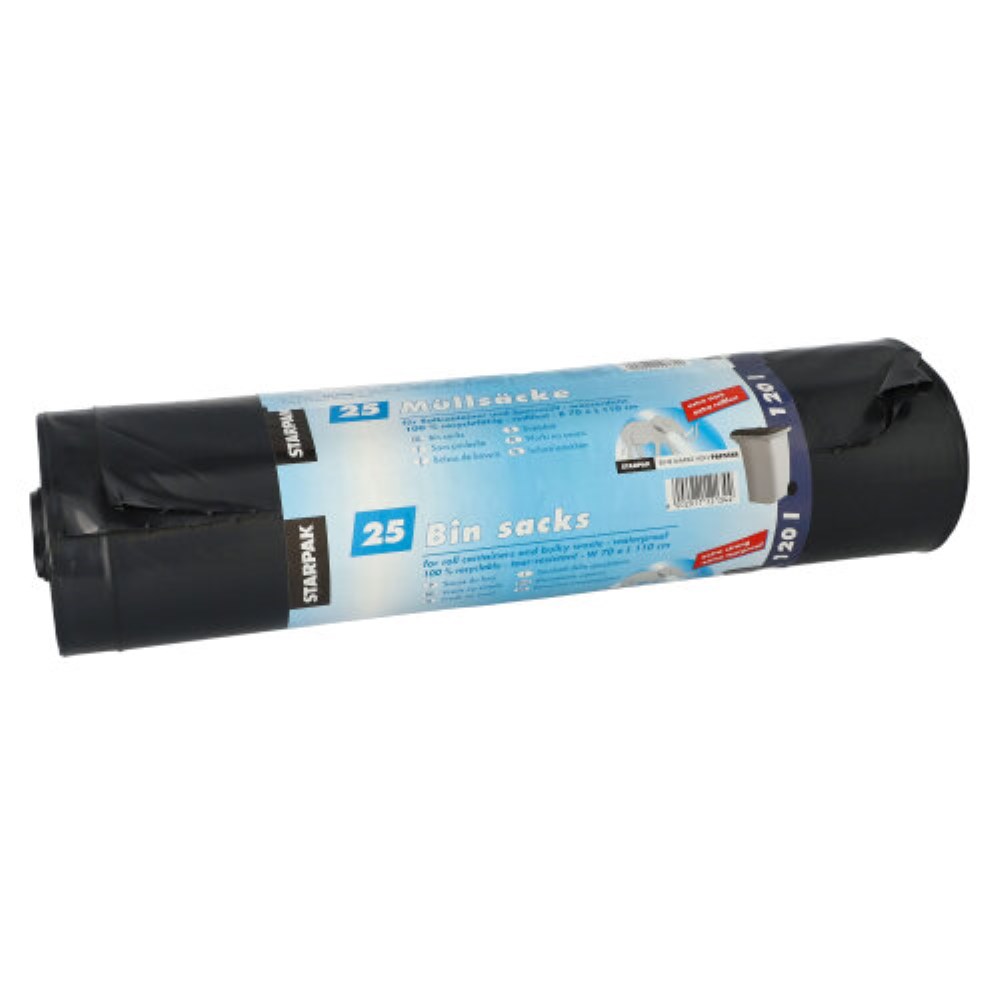 25 Müllsäcke, LDPE 120 l 110 cm x 70 cm schwarz extra stark und extra reißfest, 60 my