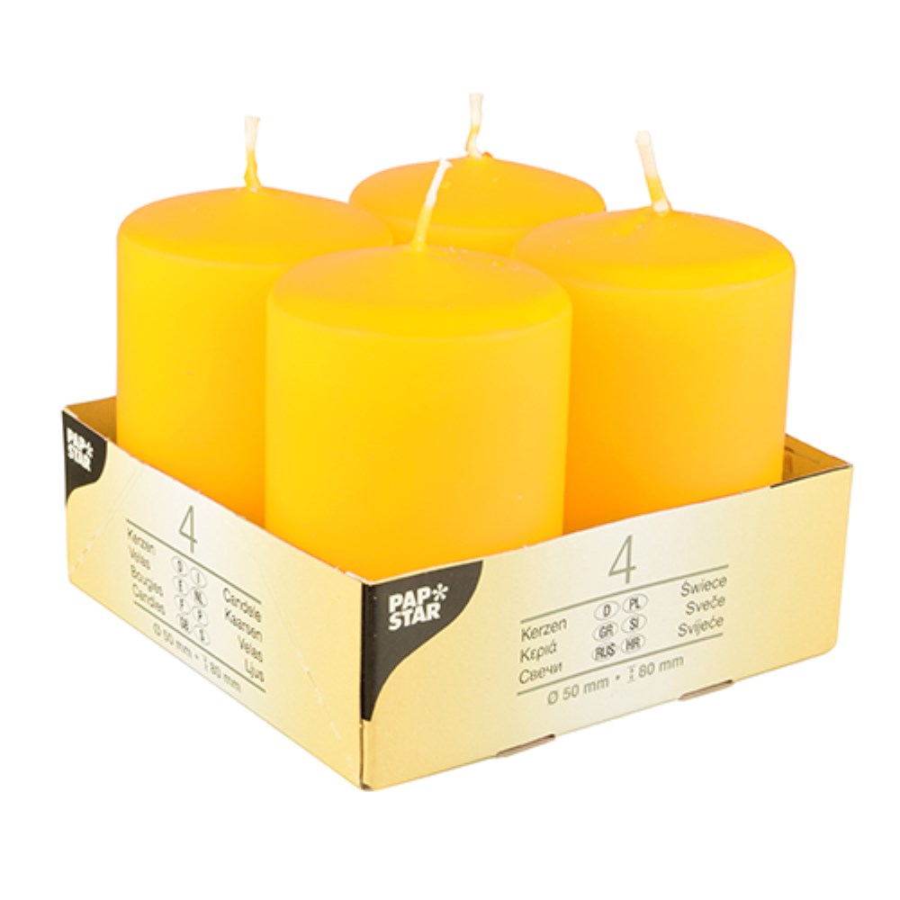 4 Stumpenkerzen Ø 50 mm · 80 mm gelb