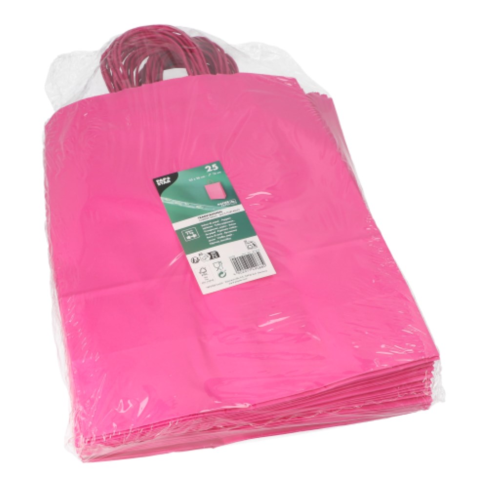 25 Tragetaschen, Papier 35 cm x 26 cm x 12 cm pink mit gedrehtem Tragegriff