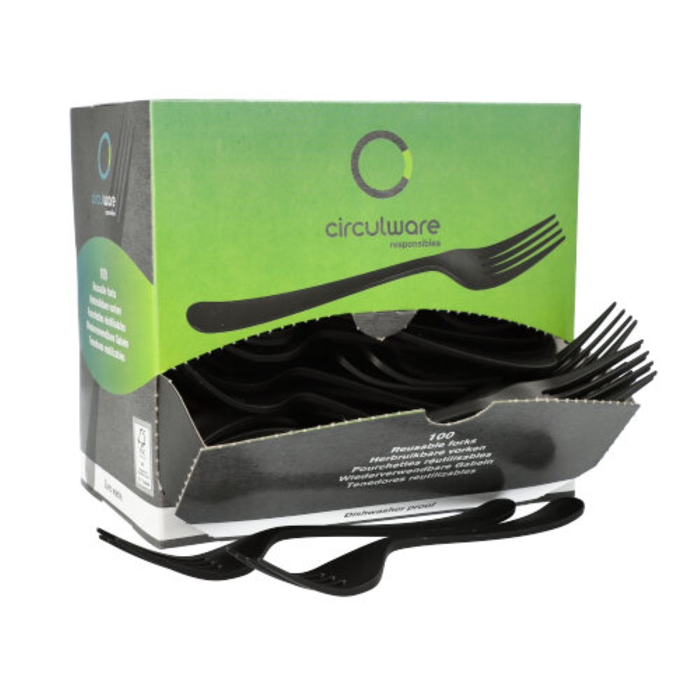 100 "Circulware" Mehrweg-Gabeln PP-MF 19 cm schwarz "Gaia" extra stabil, in Spenderbox