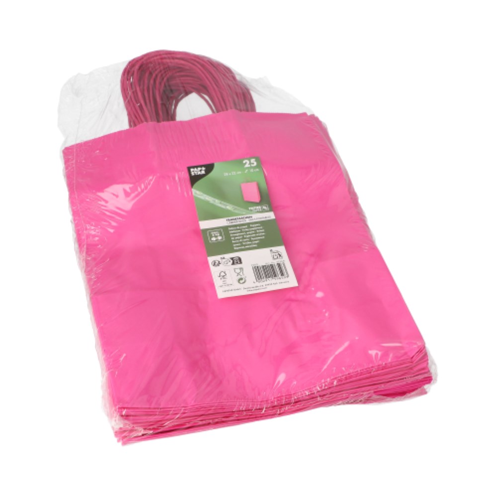 25 Tragetaschen, Papier 28 cm x 22 cm x 10 cm pink mit gedrehtem Tragegriff