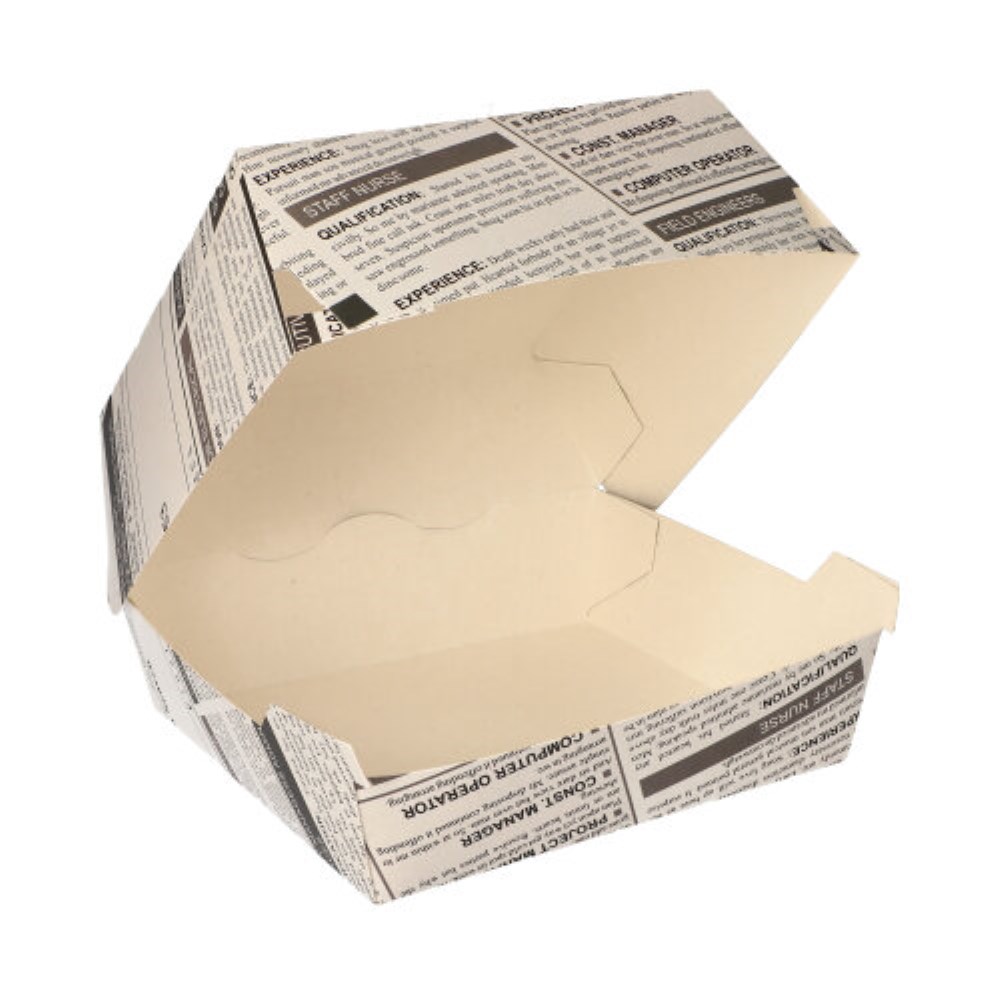 50 Burgerboxen, Pappe 7,8 cm x 11 cm x 11,5 cm "Newsprint" groß